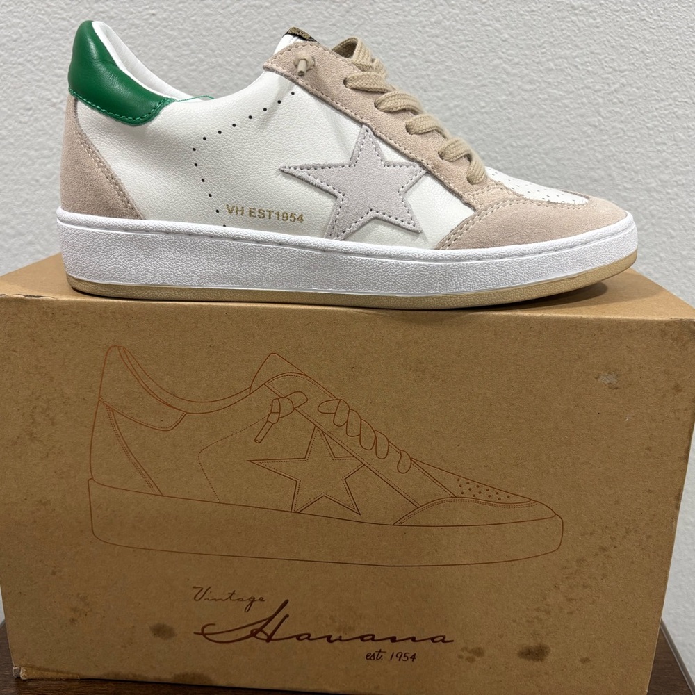 Vintage Havana White and Tan Sneakers with Green Accent